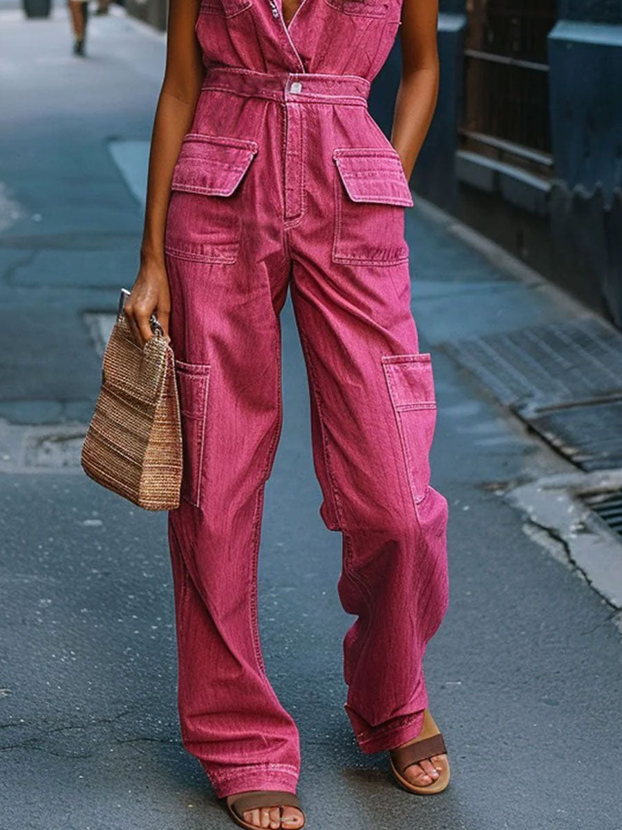 Mono vaquero informal, holgado, con múltiples bolsillos, con cordones y estilo retro para el trabajo
