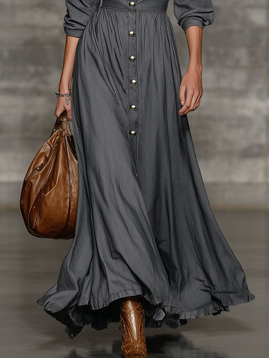 Vestido largo informal urbano de moda con solapa de mezclilla lavada gris oscuro y manga larga