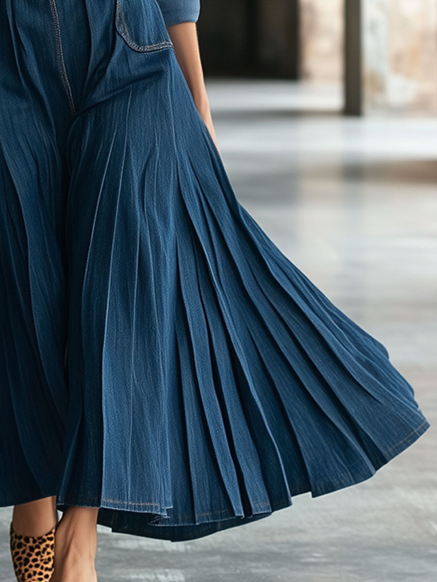 Vestido largo plisado estilo gabardina vaquera azul oscuro de manga larga vintage