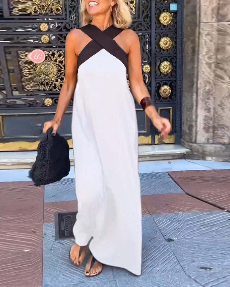 Vestido sin mangas con cuello halter cruzado y costuras