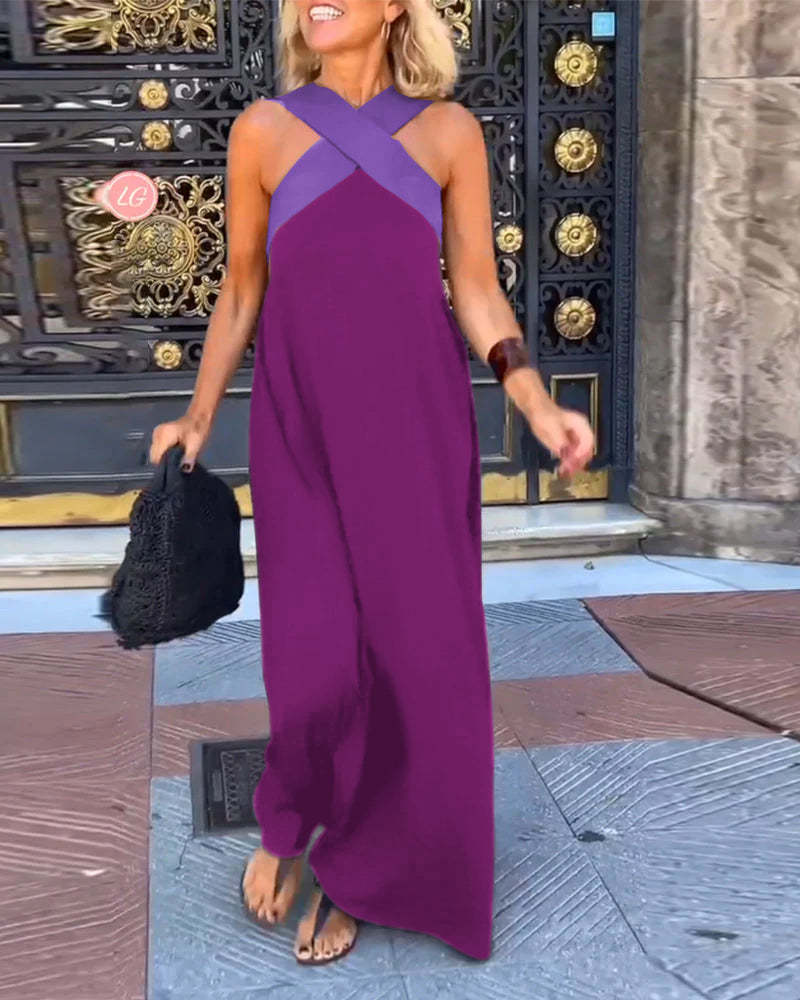 Vestido sin mangas con cuello halter cruzado y costuras