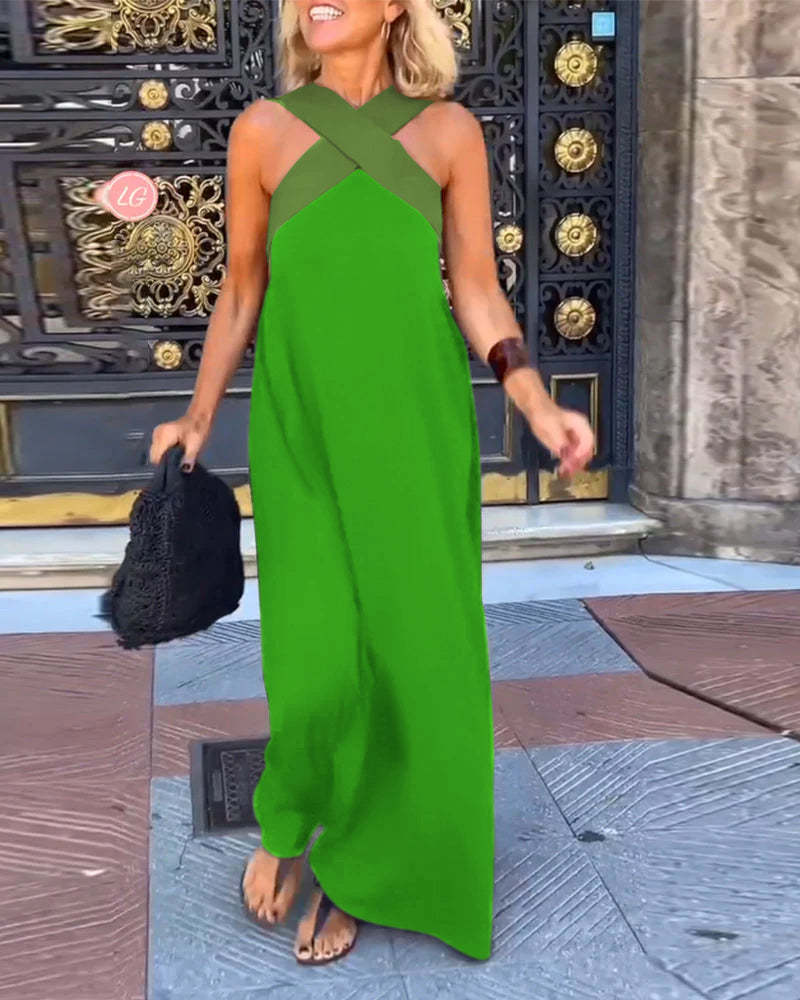 Vestido sin mangas con cuello halter cruzado y costuras