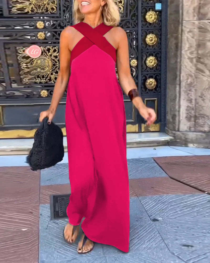 Vestido sin mangas con cuello halter cruzado y costuras