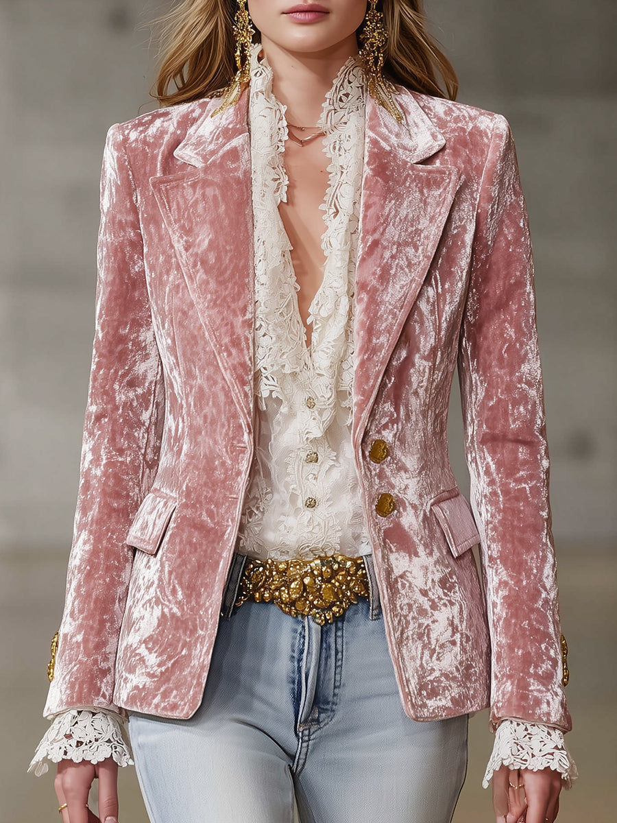 Fashion Retro Pink Velvet Gold Button Suit