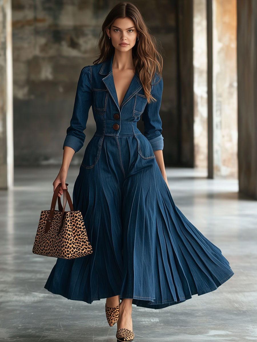 Vestido largo plisado estilo gabardina vaquera azul oscuro de manga larga vintage