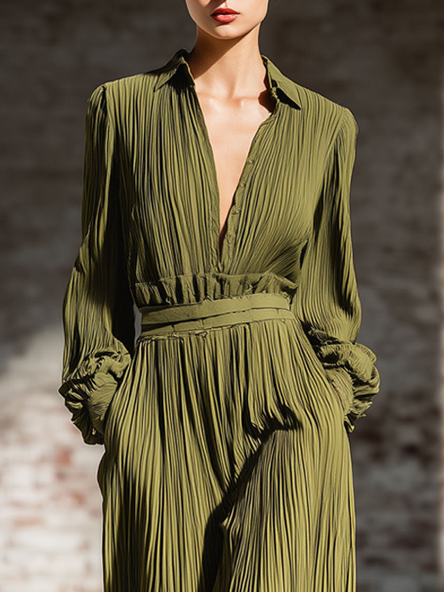 Conjunto de camisa de manga larga con textura de aguacate retro y pantalones anchos arrugados