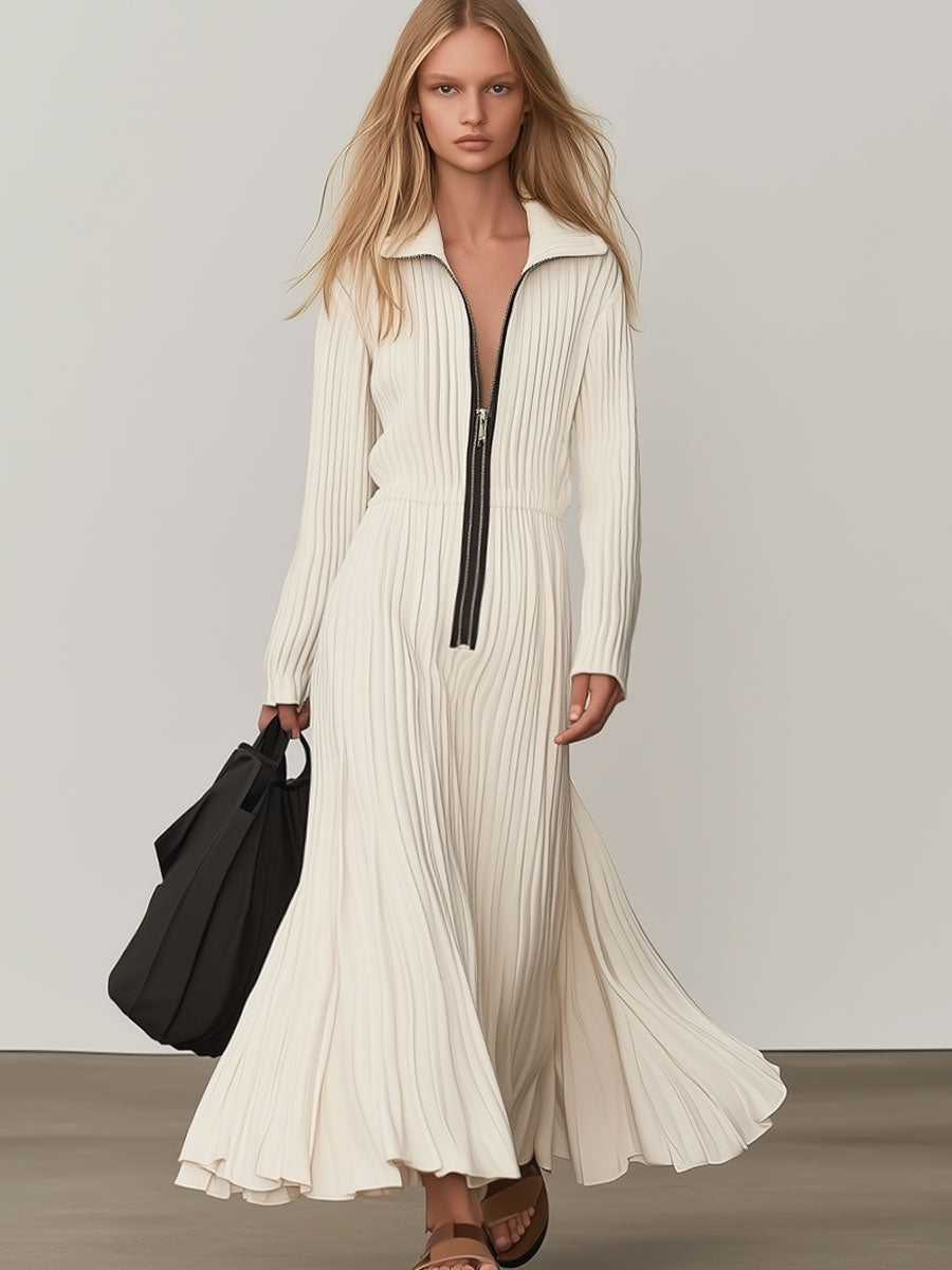 Vestido largo informal de punto blanco con solapa y manga larga, moderno y elegante.