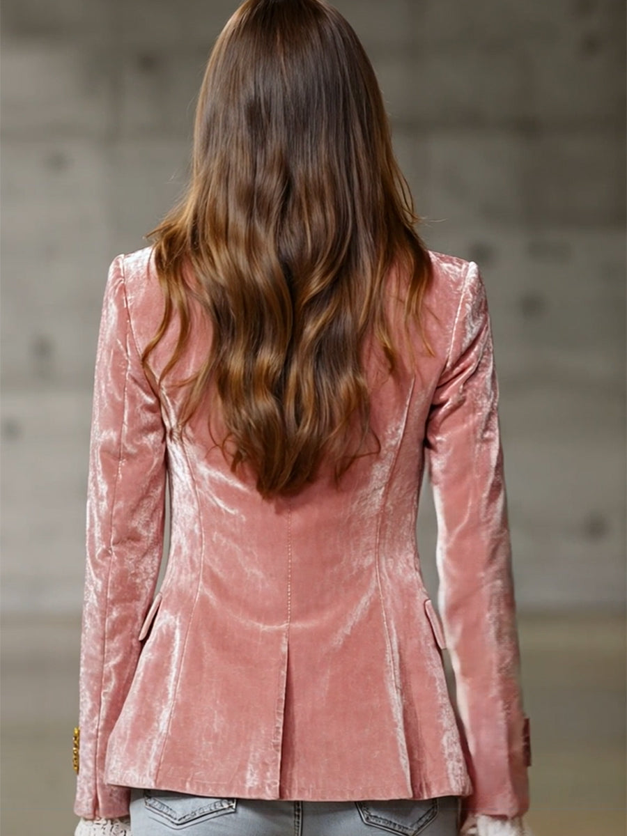 Fashion Retro Pink Velvet Gold Button Suit