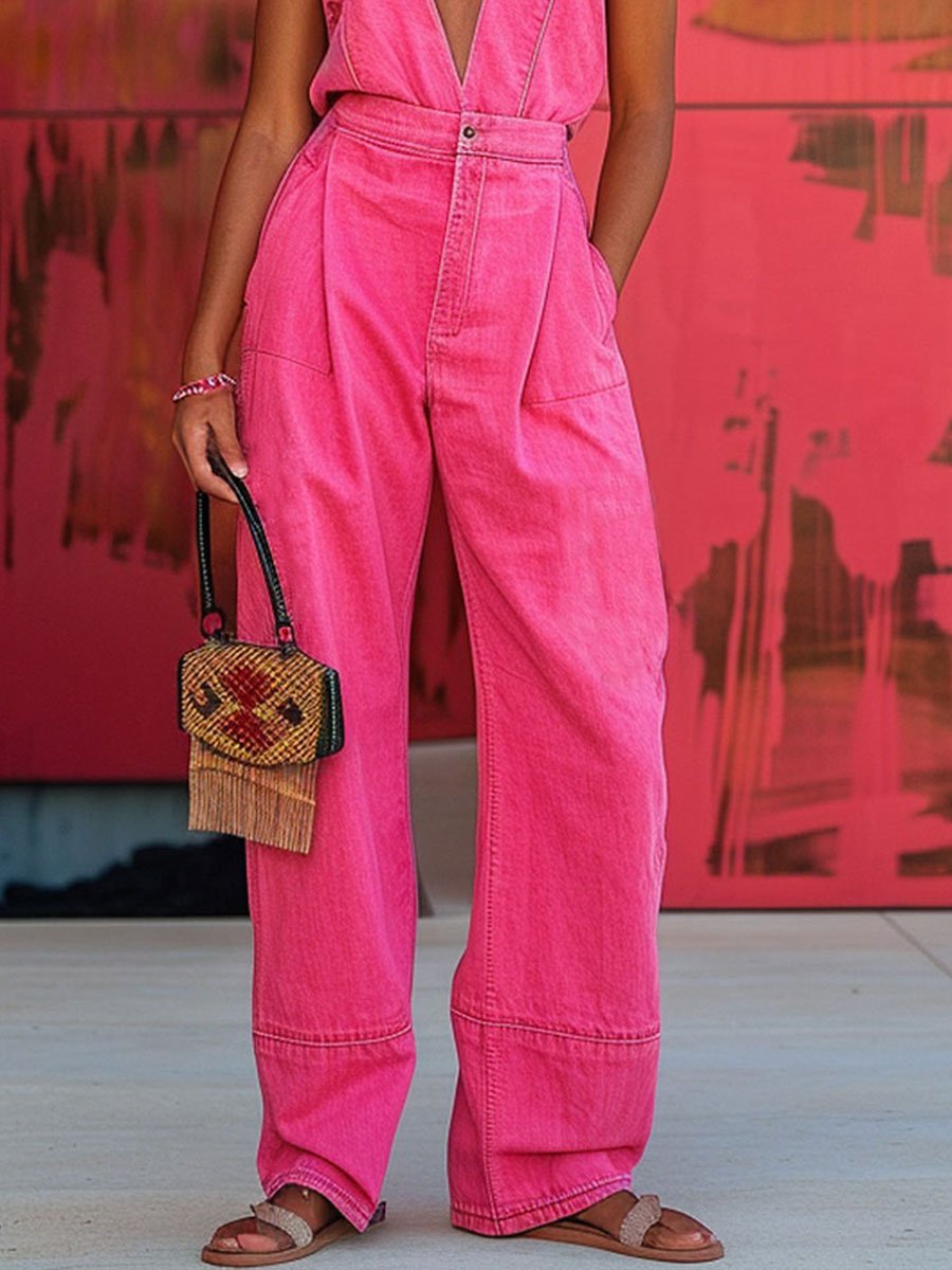 Mono vaquero informal sin mangas con cuello en V y bolsillos sueltos