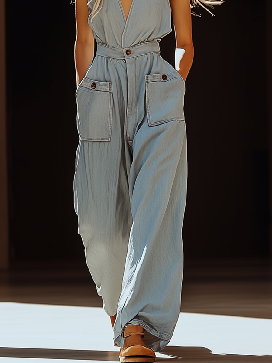 Mono informal retro de mezclilla de tencel azul grisáceo con bolsillos