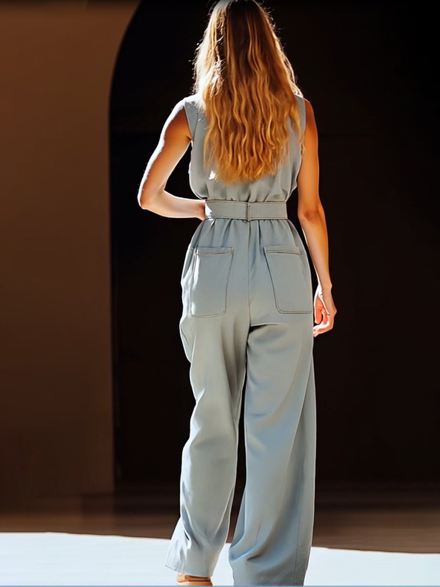 Mono informal retro de mezclilla de tencel azul grisáceo con bolsillos