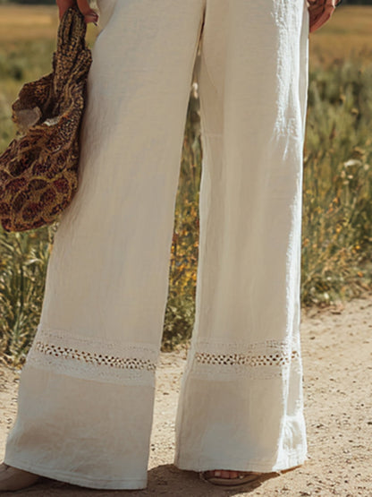 Mono de lino blanco sin mangas con botones y tirantes para mujer con diseño de encaje