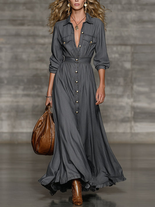 Vestido largo informal urbano de moda con solapa de mezclilla lavada gris oscuro y manga larga