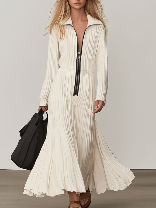 Vestido largo informal de punto blanco con solapa y manga larga, moderno y elegante.