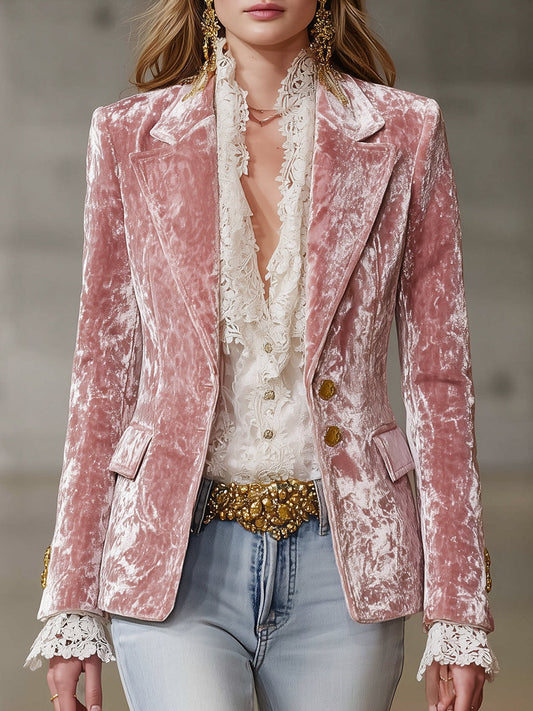 Fashion Retro Pink Velvet Gold Button Suit