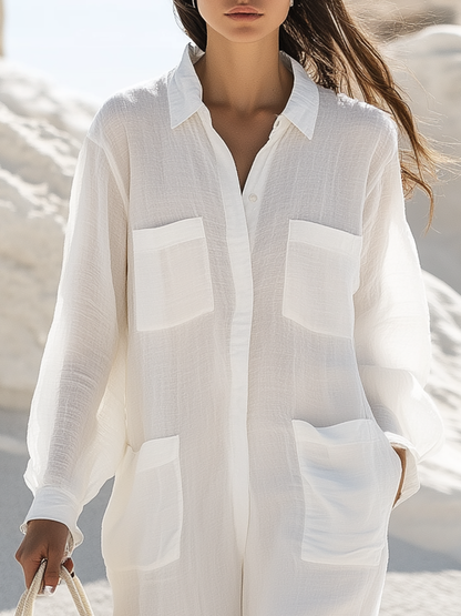 Mono informal sencillo de manga larga con múltiples bolsillos y solapa