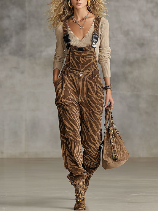 Fashion Casual Faux Suede Dark Brown Faux Suede Zebra Print Overalls
