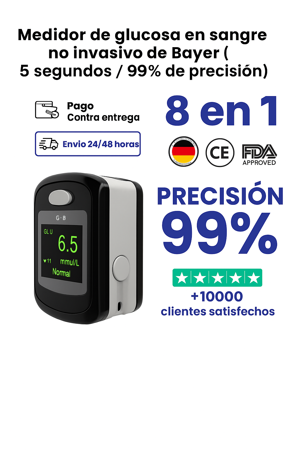 Medidor de glucosa en sangre no invasivo de Bayer 5 segundos / 99% de exactitud