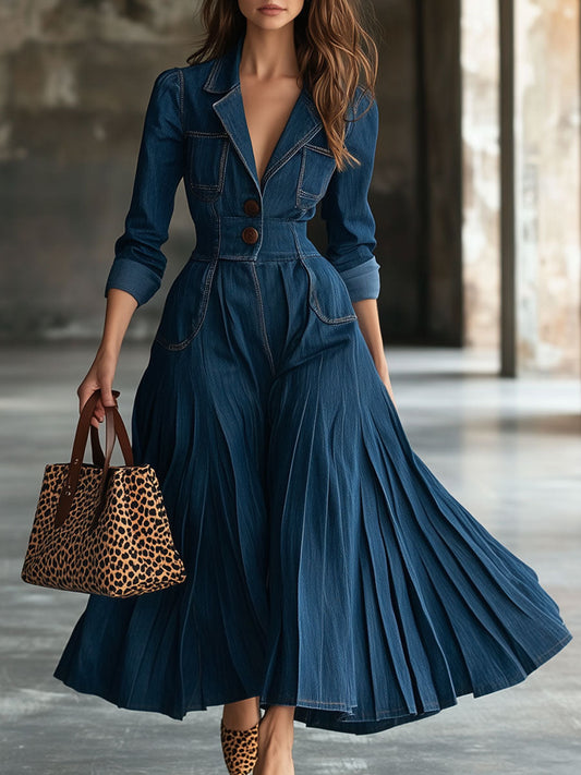 Vestido largo plisado estilo gabardina vaquera azul oscuro de manga larga vintage