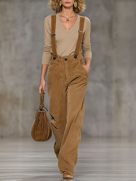 Casual And Fashionable Light Brown Corduroy Adjustable Overalls