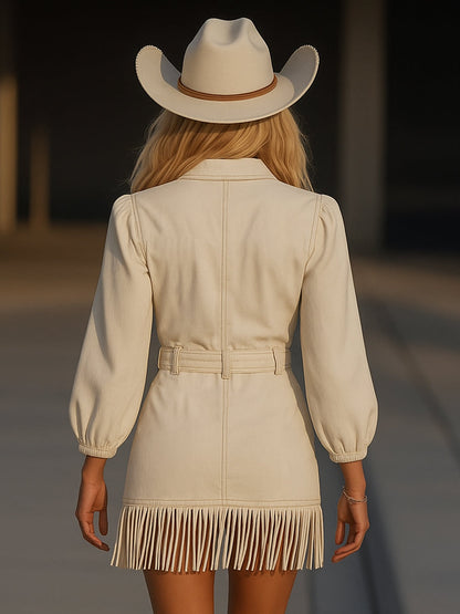 Vestido mini de mezclilla con borlas de estilo retro de alta gama