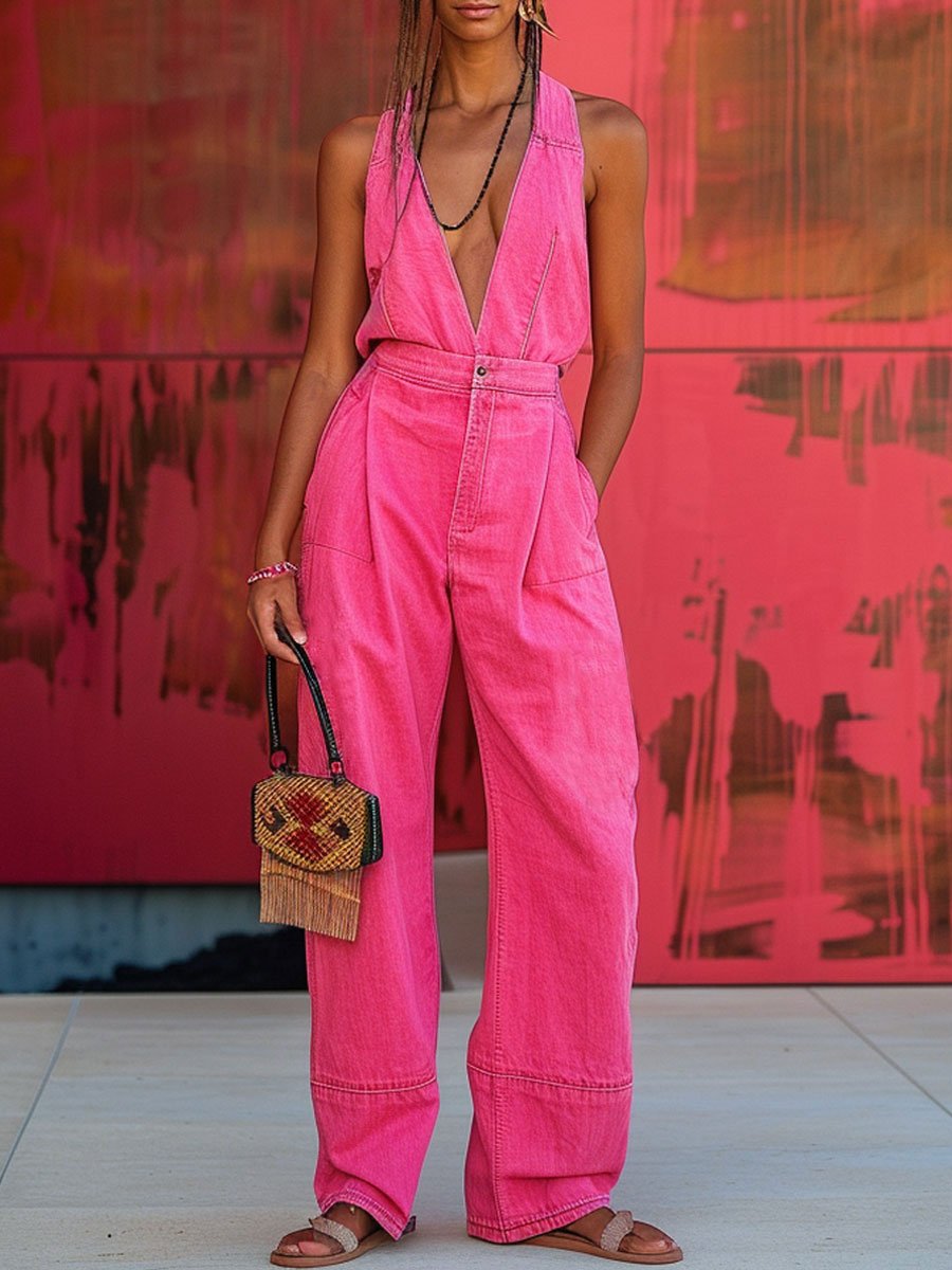 Mono vaquero informal sin mangas con cuello en V y bolsillos sueltos