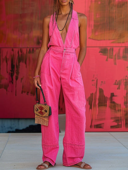 Mono vaquero informal sin mangas con cuello en V y bolsillos sueltos